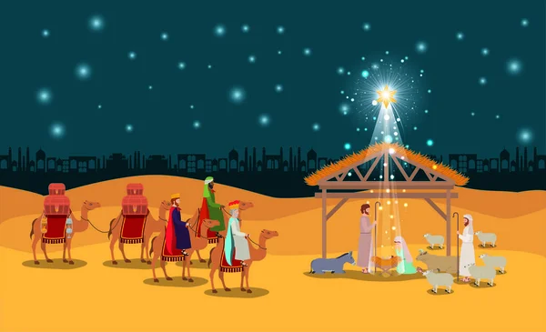Navidad desierto escena con sagrada familia en establo — Vector de stock