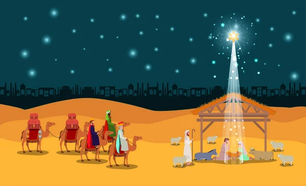 Navidad desierto escena con sagrada familia en establo — Archivo Imágenes Vectoriales