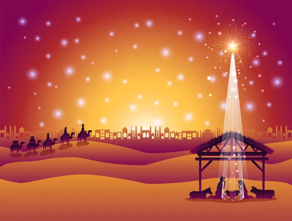 Χριστούγεννα έρημο σκηνή με Αγία οικογένεια σε σταθερή — Διανυσματικό Αρχείο