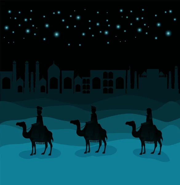 Homens sábios viajando na cena do Natal do deserto — Vetor de Stock