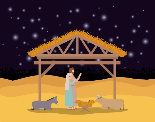 Tarjeta de Navidad con la sagrada familia y los animales en establo — Vector de stock
