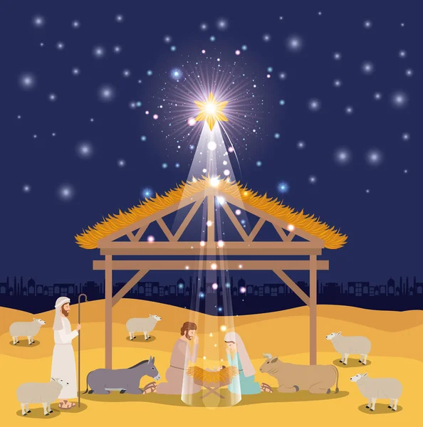 Tarjeta de Navidad con la sagrada familia y los animales en establo — Vector de stock