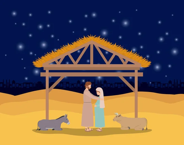 Julkort med heliga familj och djur i stall — Stock vektor