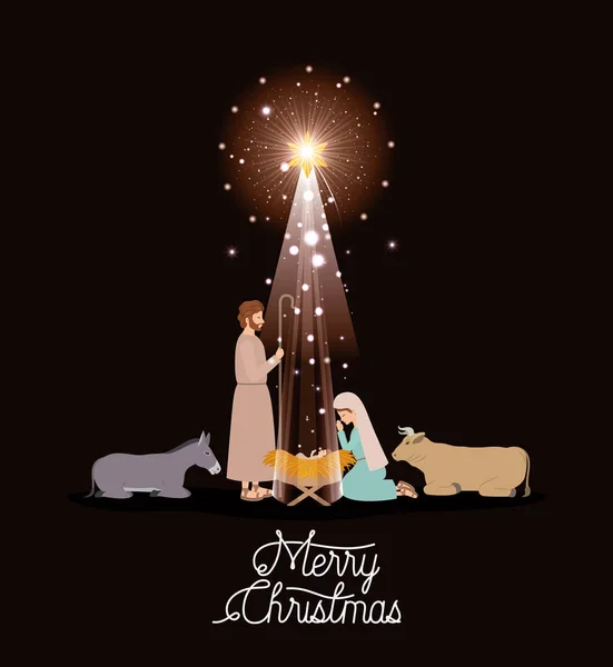 Christmas card with holy family and animals — Stock Vector