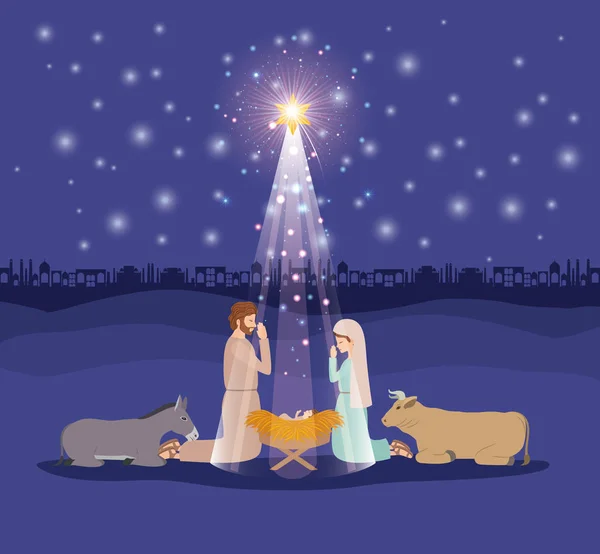 Tarjeta de Navidad con la sagrada familia y los animales — Vector de stock