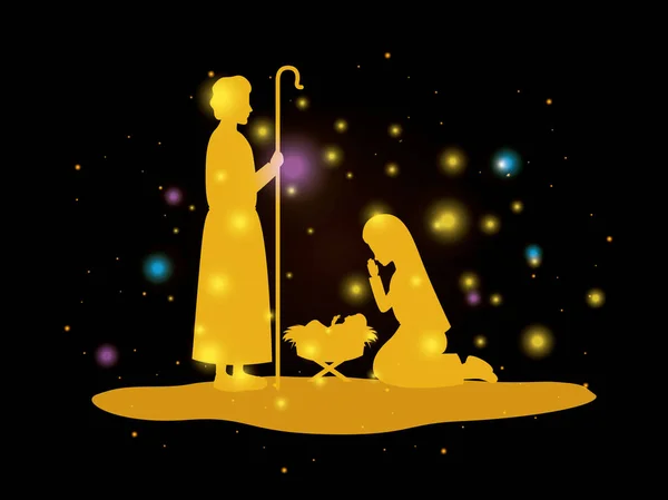 Buon Natale Carta Con Santa Famiglia Silhouette Vettore Illustrazione Disegno — Vettoriale Stock