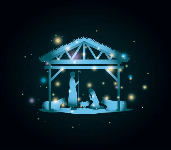 Weihnachtskarte mit heiliger Familie und Tieren im Stall — Stockvektor