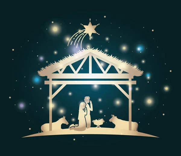 Julkort med heliga familj och djur i stall — Stock vektor