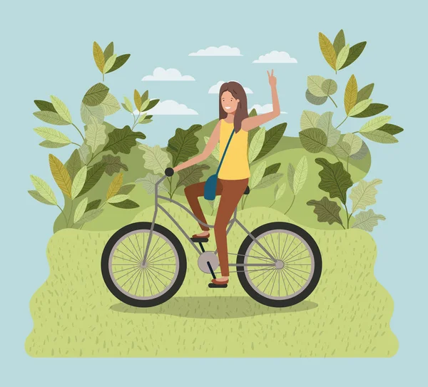 Молодая женщина на велосипеде в парке — стоковый вектор