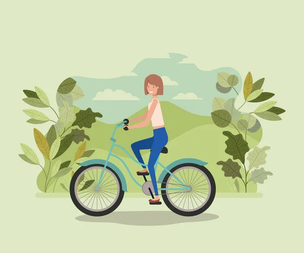 Mujer joven en bicicleta en el parque — Vector de stock