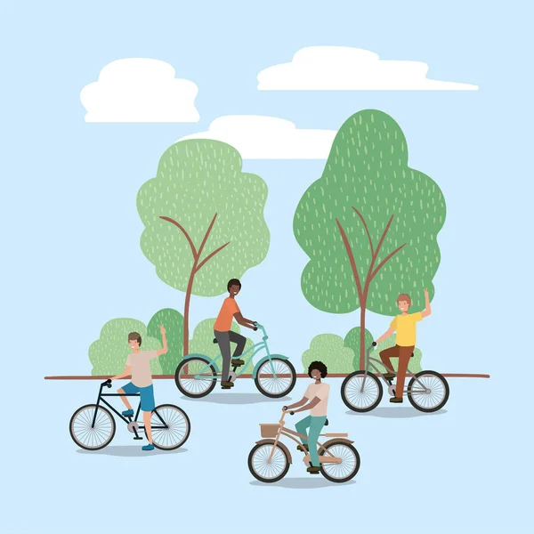 Group of young men in bicycle on park — Stock Vector