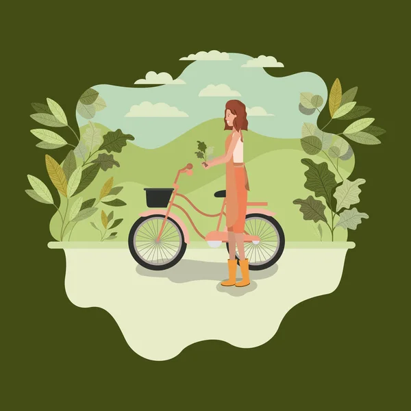 Mujer plantando árbol en el parque con bicicleta — Vector de stock