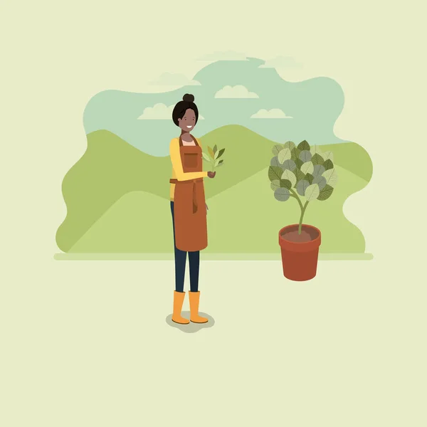 Femme noire plantation d'arbre dans le parc — Image vectorielle