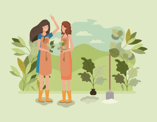 Meninas plantando árvores no parque — Vetor de Stock