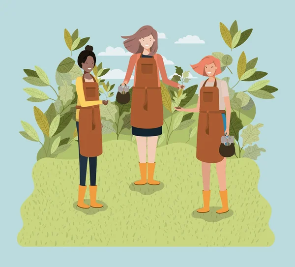 Skupina žen, výsadbu stromů v parku — Stockový vektor