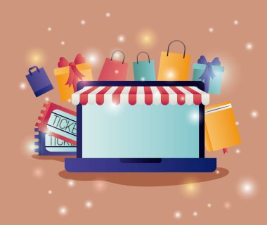 şemsiye ve e-ticaret simgeleri ile dizüstü bilgisayar