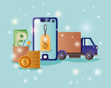 Smartphone ile e-ticaret simgeler vektör çizim tasarım