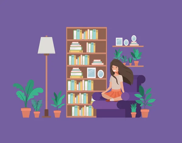 Φοιτητής κορίτσι συνεδρίαση ανάγνωση βιβλίο στο σαλόνι — Διανυσματικό Αρχείο