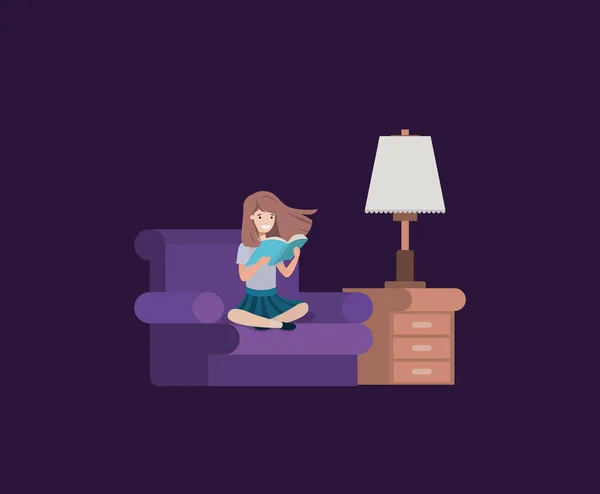 Φοιτητής κορίτσι συνεδρίαση ανάγνωση βιβλίο στο σαλόνι — Διανυσματικό Αρχείο