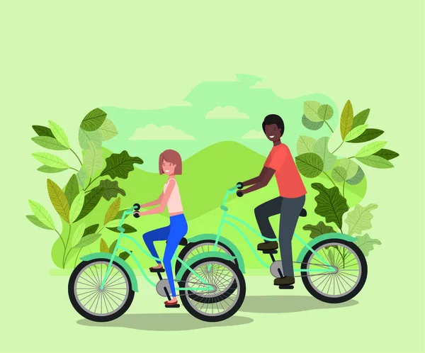 Fiatal pár a parkban a kerékpár — Stock Vector