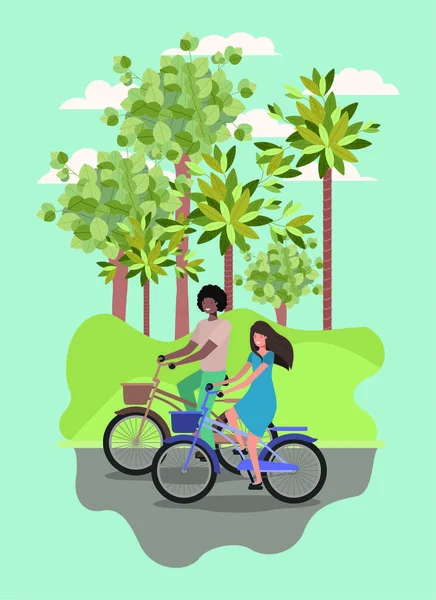 Young couple on bicycle in the park — Stock Vector