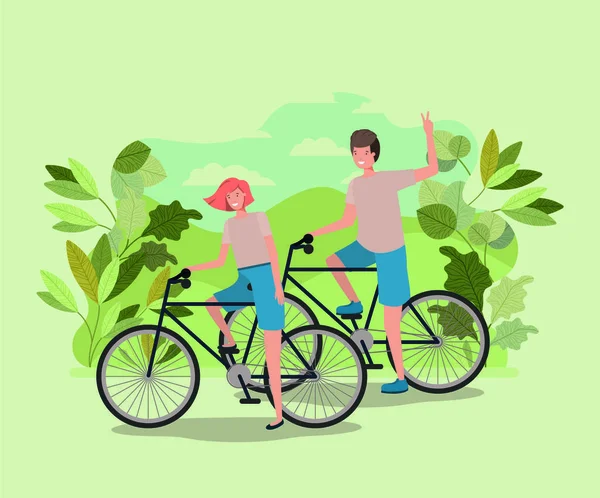 Jovem casal de bicicleta no parque —  Vetores de Stock