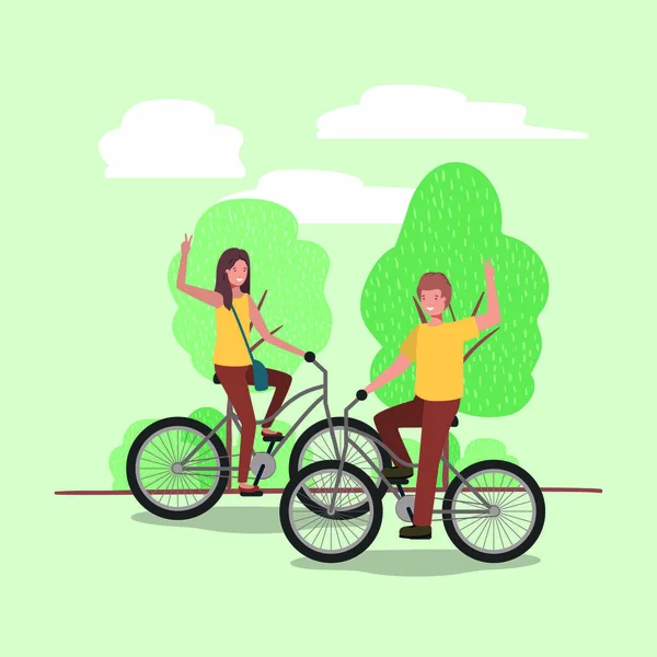 Jovem casal de bicicleta no parque — Vetor de Stock