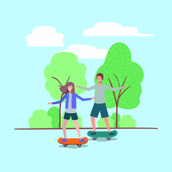 Молодая пара в скейтборде в парке — стоковый вектор