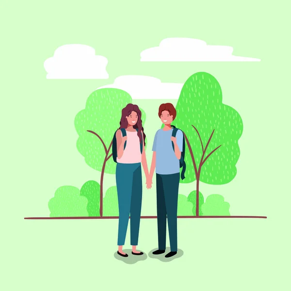 Νεαρό ζευγάρι σχετικά με τους χαρακτήρες του πάρκου — Διανυσματικό Αρχείο