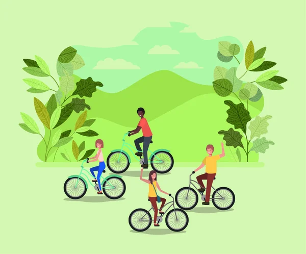 Group of people on bicycle in the park — Stock Vector
