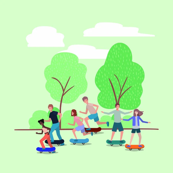 Group of people in skateboard on the park — Stock Vector