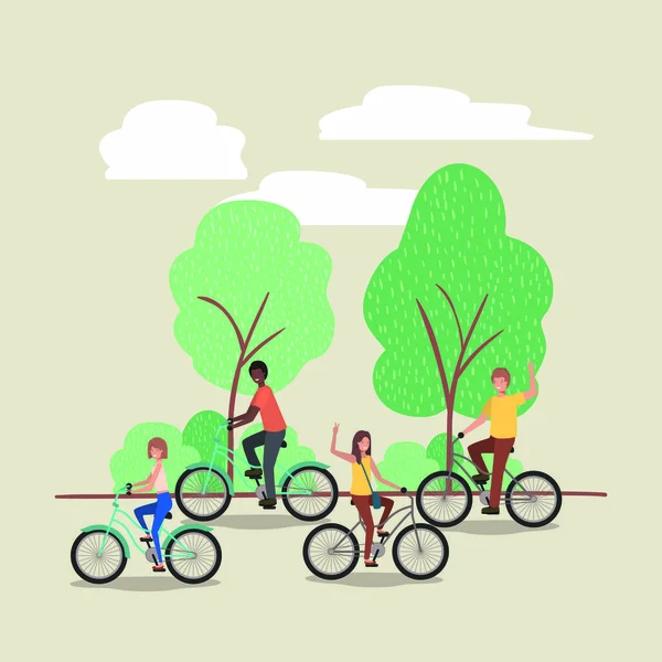 Grupo de personas en bicicleta en el parque — Vector de stock