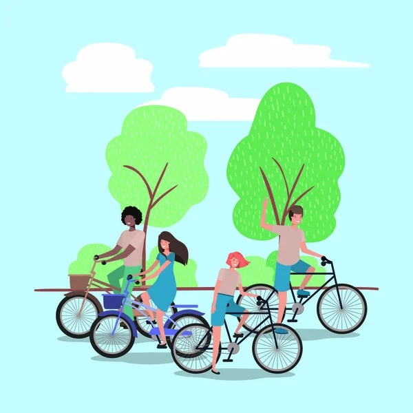 Group of people on bicycle in the park — Stock Vector