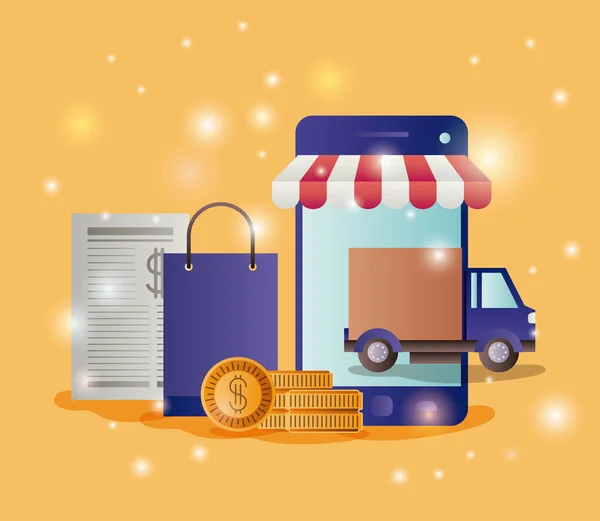 Smartphone con parasol ecommerce iconos — Archivo Imágenes Vectoriales