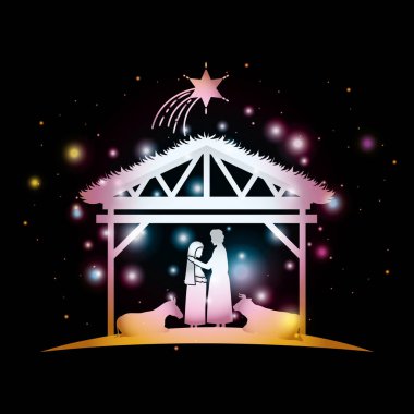 Kutsal Aile ve istikrarlı hayvanlarda Noel kartı