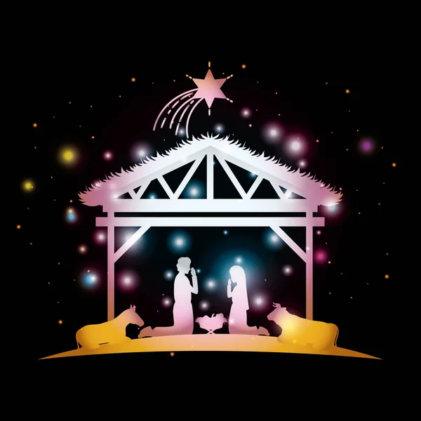 Merry julkort med heliga familjen i stallet — Stock vektor