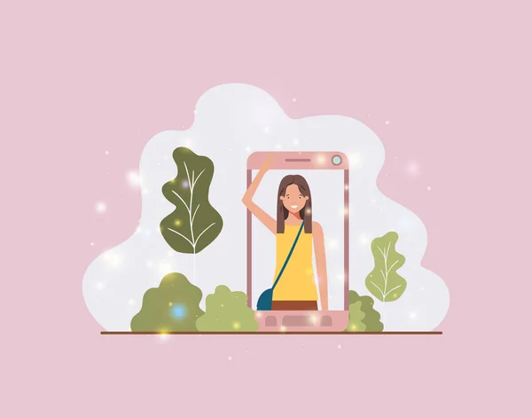 Woman in smartphone on landscape — Stock Vector