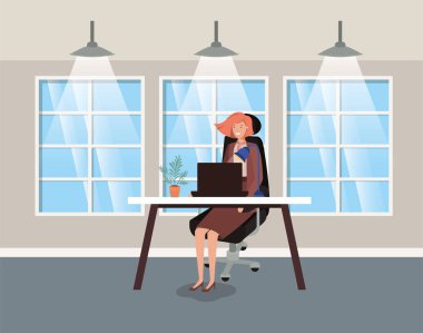 vektör çizim tasarım oturma iş kadını ile modern ofis