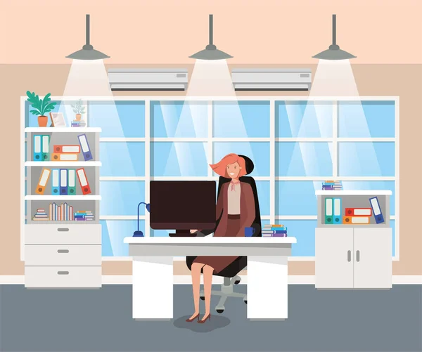 Oficina moderna con mujer de negocios sentada — Archivo Imágenes Vectoriales