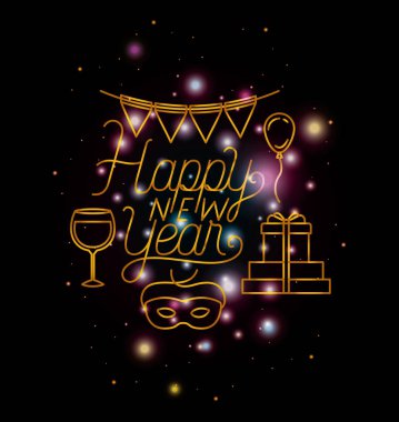 mutlu yeni yıl yazı ile ışık ve simgeler