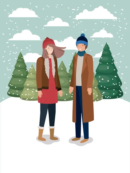Couple in snowscape with winter clothes — Stock Vector