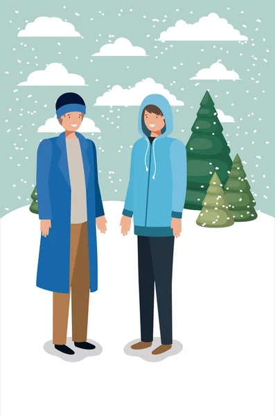 Пара мужчин в снежном пейзаже в зимней одежде — стоковый вектор