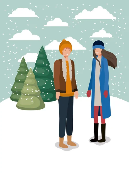 Couple dans le paysage de neige avec des vêtements d'hiver — Image vectorielle