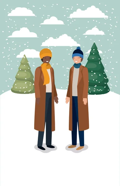 Couple d'hommes dans le paysage de neige avec des vêtements d'hiver — Image vectorielle