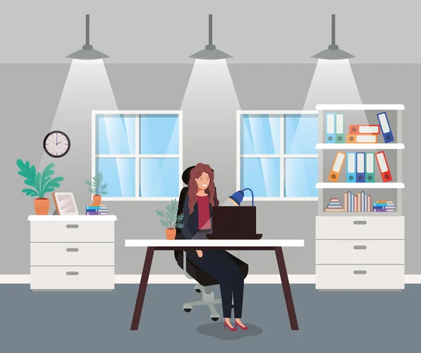 Oficina moderna con mujer de negocios sentada — Archivo Imágenes Vectoriales