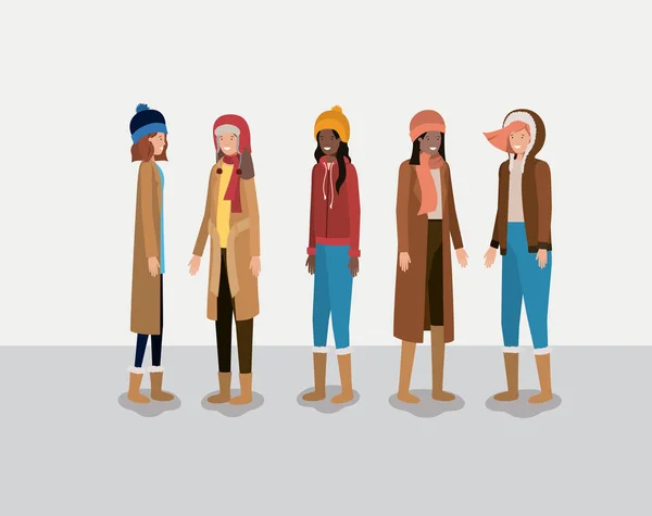 Grupo de mulheres com roupas de inverno — Vetor de Stock