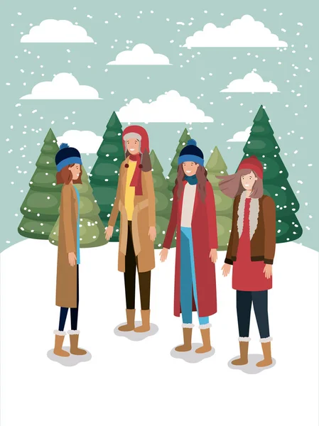 Grupp kvinnor i snowscape med vinterkläder — Stock vektor