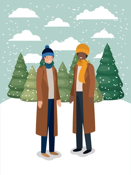 Pareja de hombres en paisaje de nieve con ropa de invierno — Vector de stock
