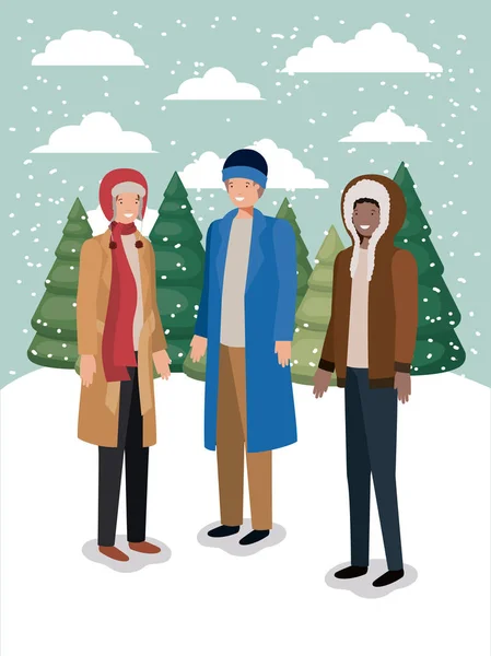 Groep mannen in snowscape met winter kleding — Stockvector