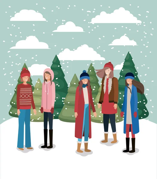 Groep van vrouwen in snowscape met winter kleding — Stockvector
